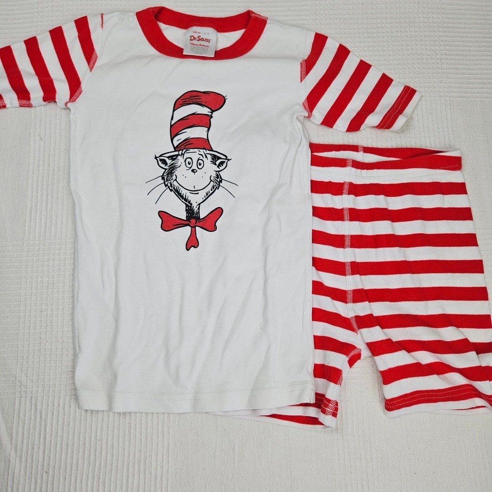 Hanna Anderson Holiday Grinch PJs Sz 140 10 Unisex Red White Christmas Short Set